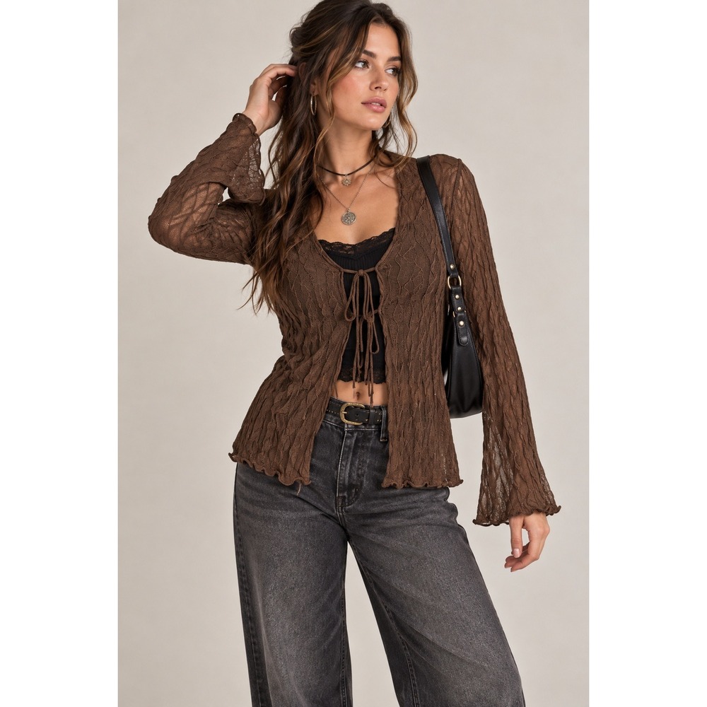 Y2K Fairy Grunge Brown Sheer Tie Front Bell Sleeve Cardigan Medium Shein